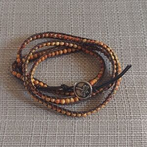 Handmade Orange Bead & Brown Leather Wrap Bracelet